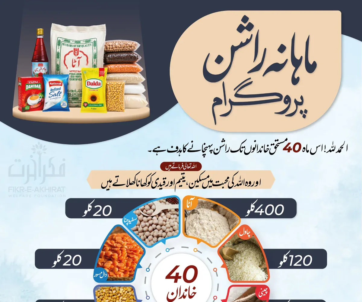 Monthly Ration Programme poster — ration for 40 deserving families, PKR 1,000 per person